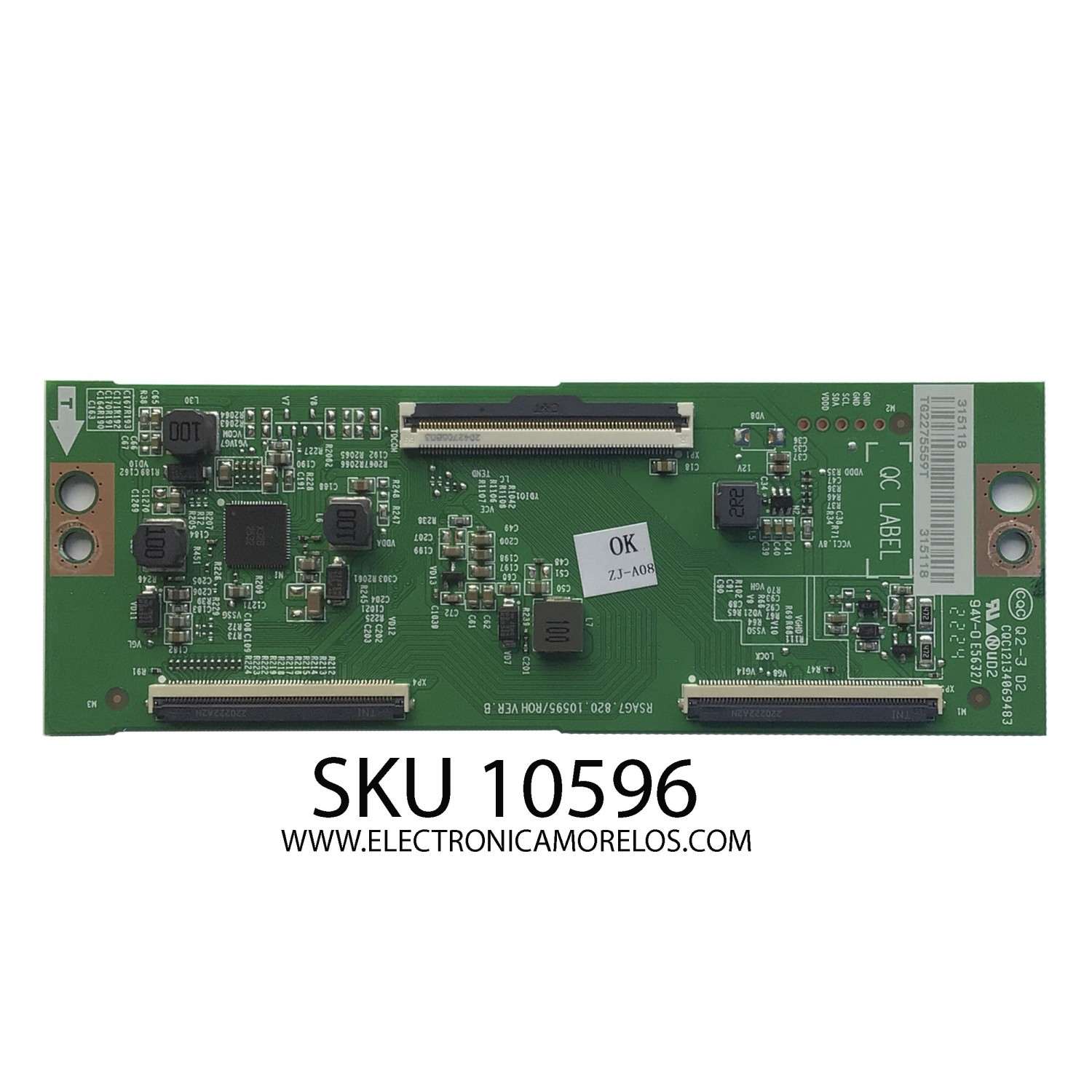 T-CON ORIGINAL PARA TV HISENSE / NUMERO DE PARTE 315118 / RSAG7.820.10595/ROH VER.B / PANEL HD500Y3U53-T0L8/S1/FJ/GM/ROH / DISPLAY T500QVN04.1 / MODELO 50U6H	
